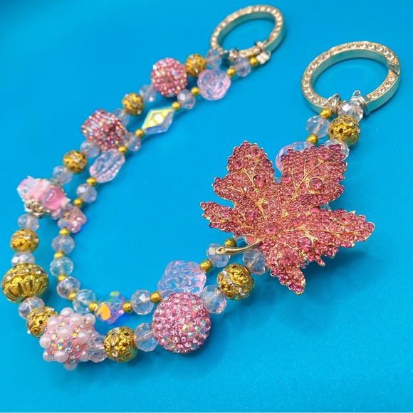 🍁Luxury Bag/Phone Chain Charm/Keychain Pink Rhinestone MAPLE LEAF Bling Beads